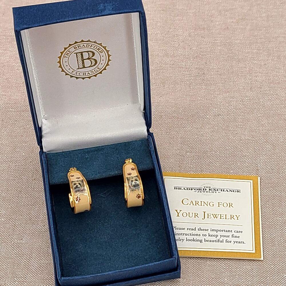 Bradford Exchange “My Loyal Yorkie” Art Cuff Earrings 24K Gold plated
